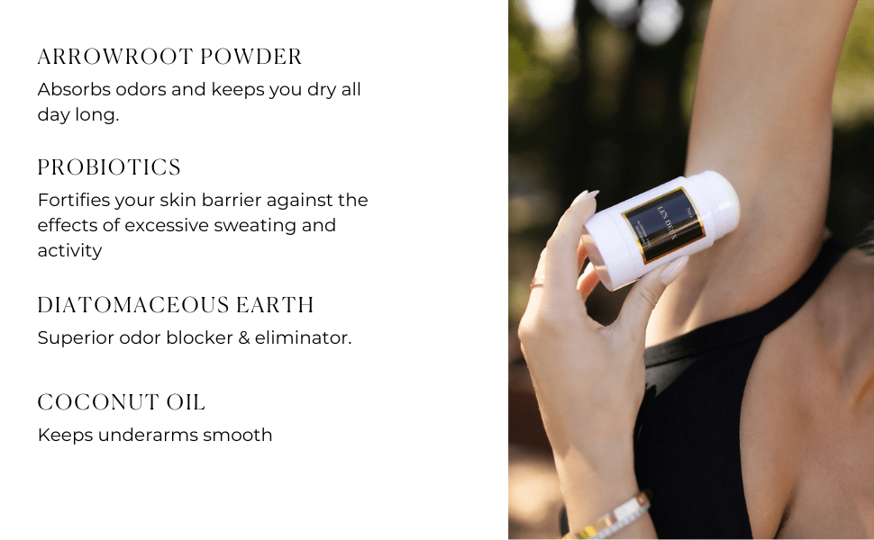 Product being held with text on arrowroot powder, probiotics, diatomaceous earth, and coconut oil.