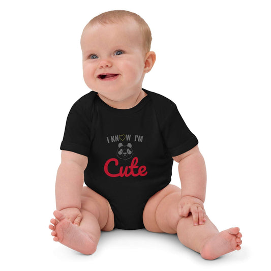 "I Know I'm Cute" Organic cotton baby bodysuit Black