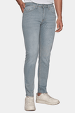 Light blue jeans worn by a person on a white background