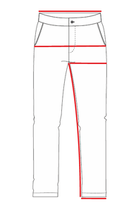 Outline of a pair of pants with red lines on a white background
