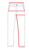Outline of a pair of pants with red lines on a white background