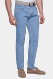Light blue jeans worn by a person on a white background