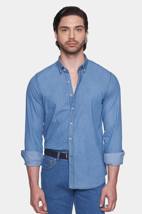 Versatile Light Blue Denim Dress Shirt