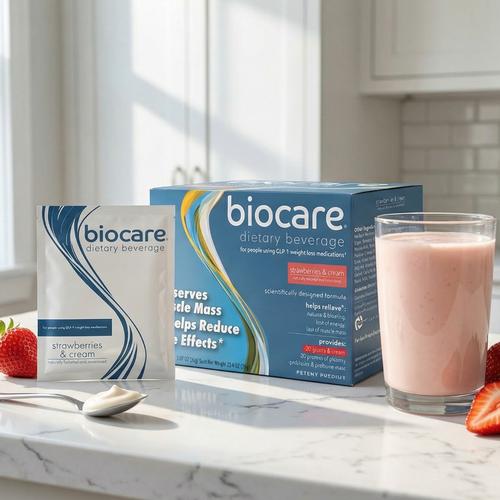 Bebida dietética Biocare de fresas con nata y proteína (30 g) (14 raciones)